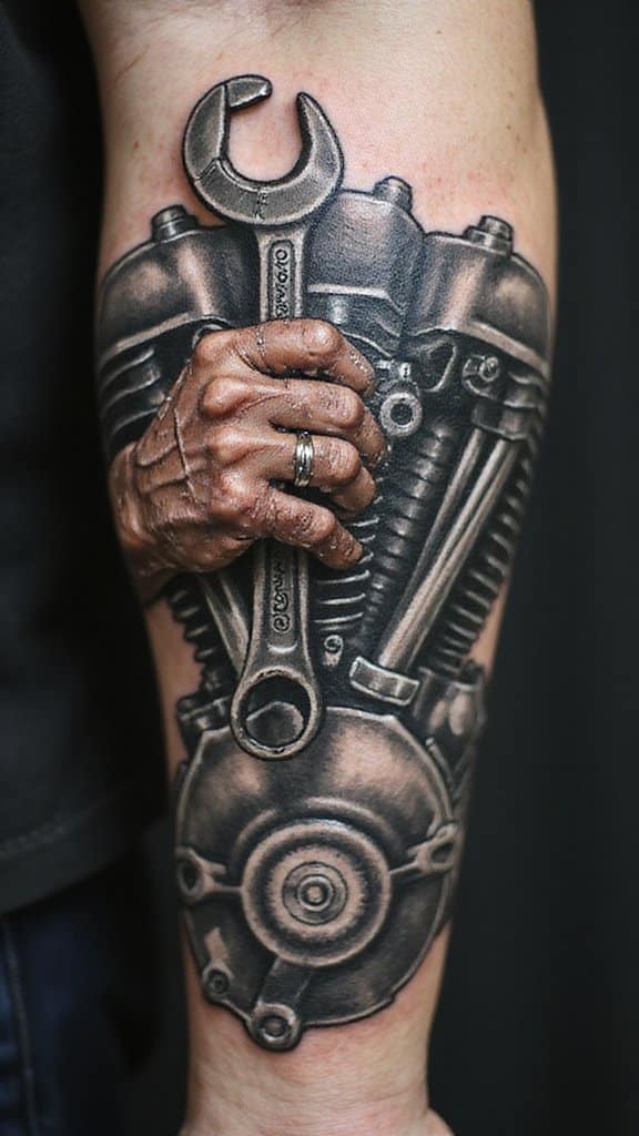 Biker’s Hand with Engine Wrench