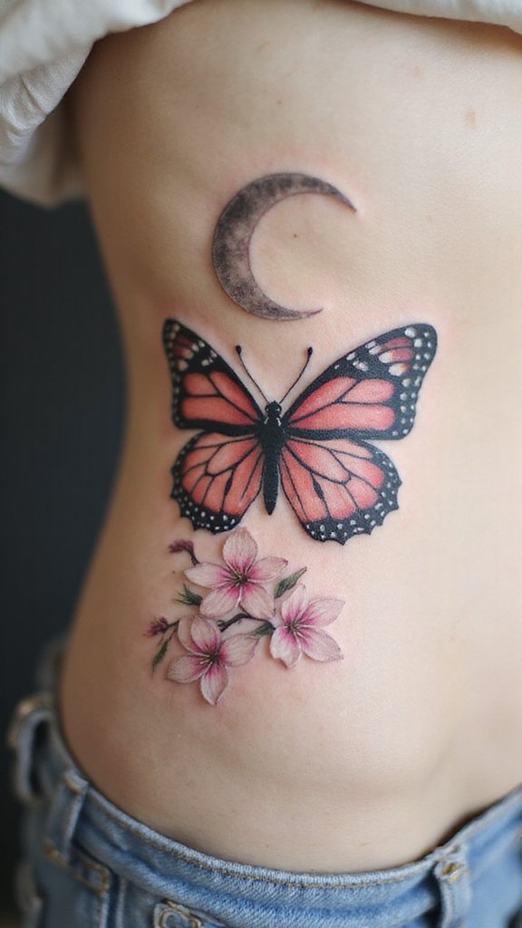 Butterfly with Cherry Blossoms and Moon